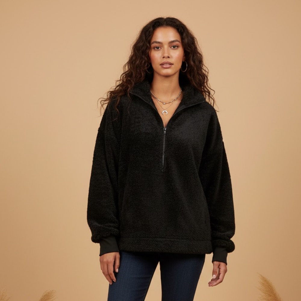 LuLaRoe Nancy Half Zip Pullover with Side Pockets • Solid Black